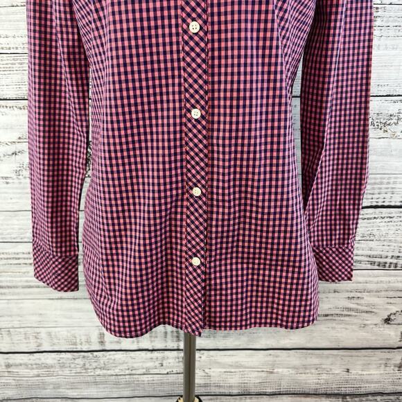 Vineyard Vines Blouse Shirt size 0 Pink Navy Blue Gingham Check Whale Casual - Picture 5 of 8